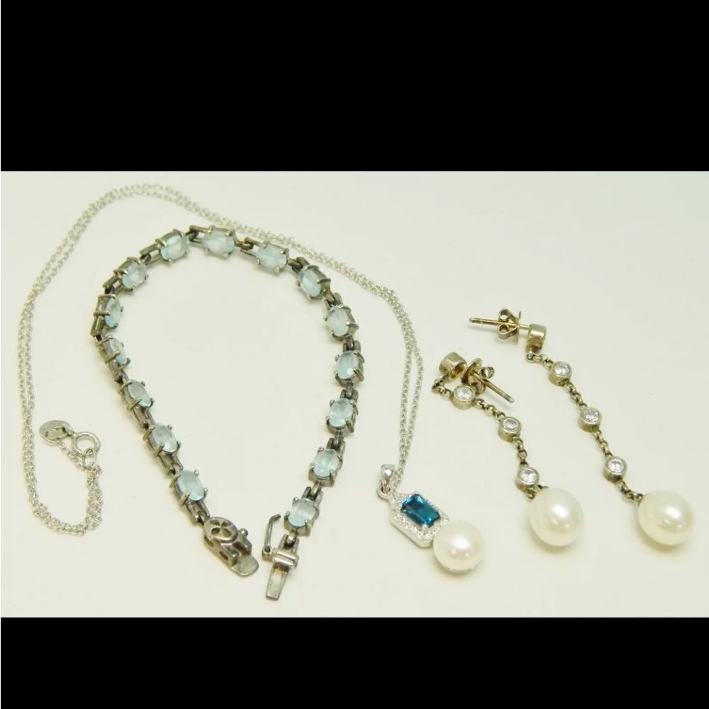 Artisan 925 Quartz & Pearl Pendant Necklace CZ Drop Earrings & Topaz Bracelet